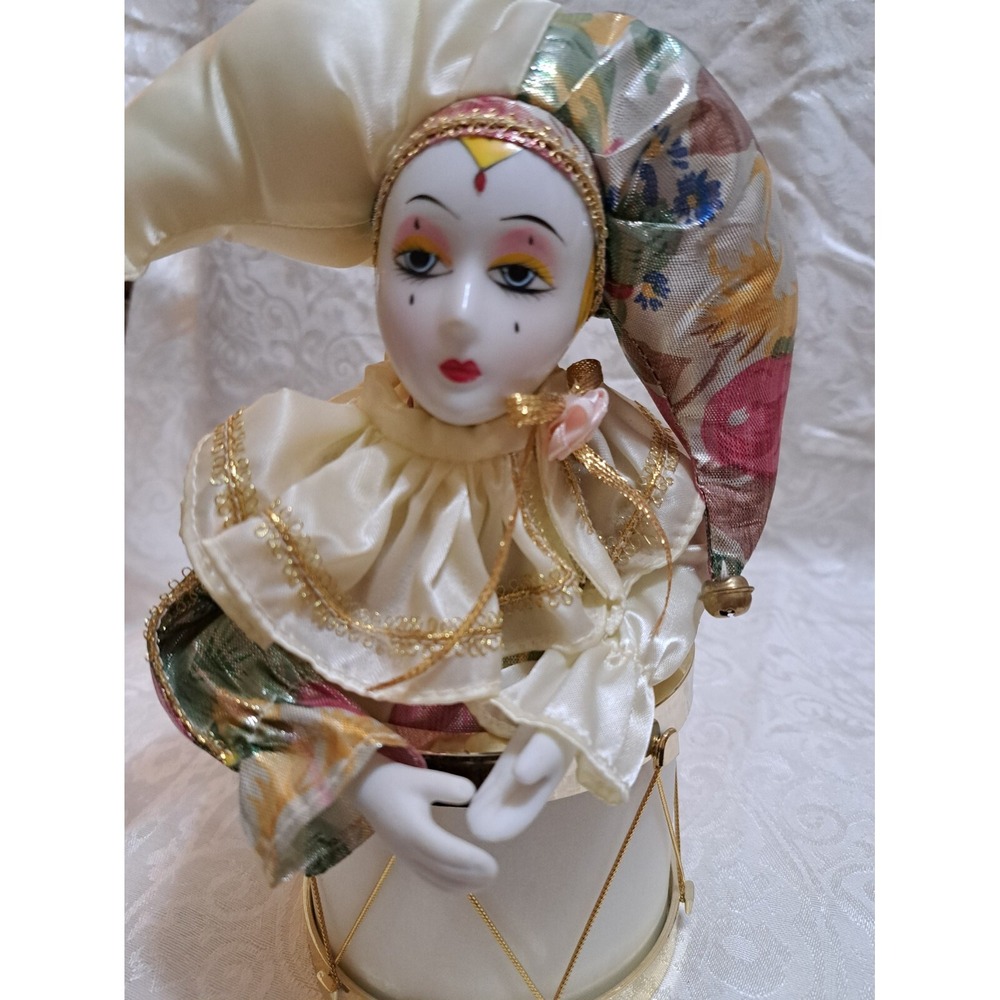 Animated Porcelain Harlequin Jester Clown  Drum Music Box Works vintage